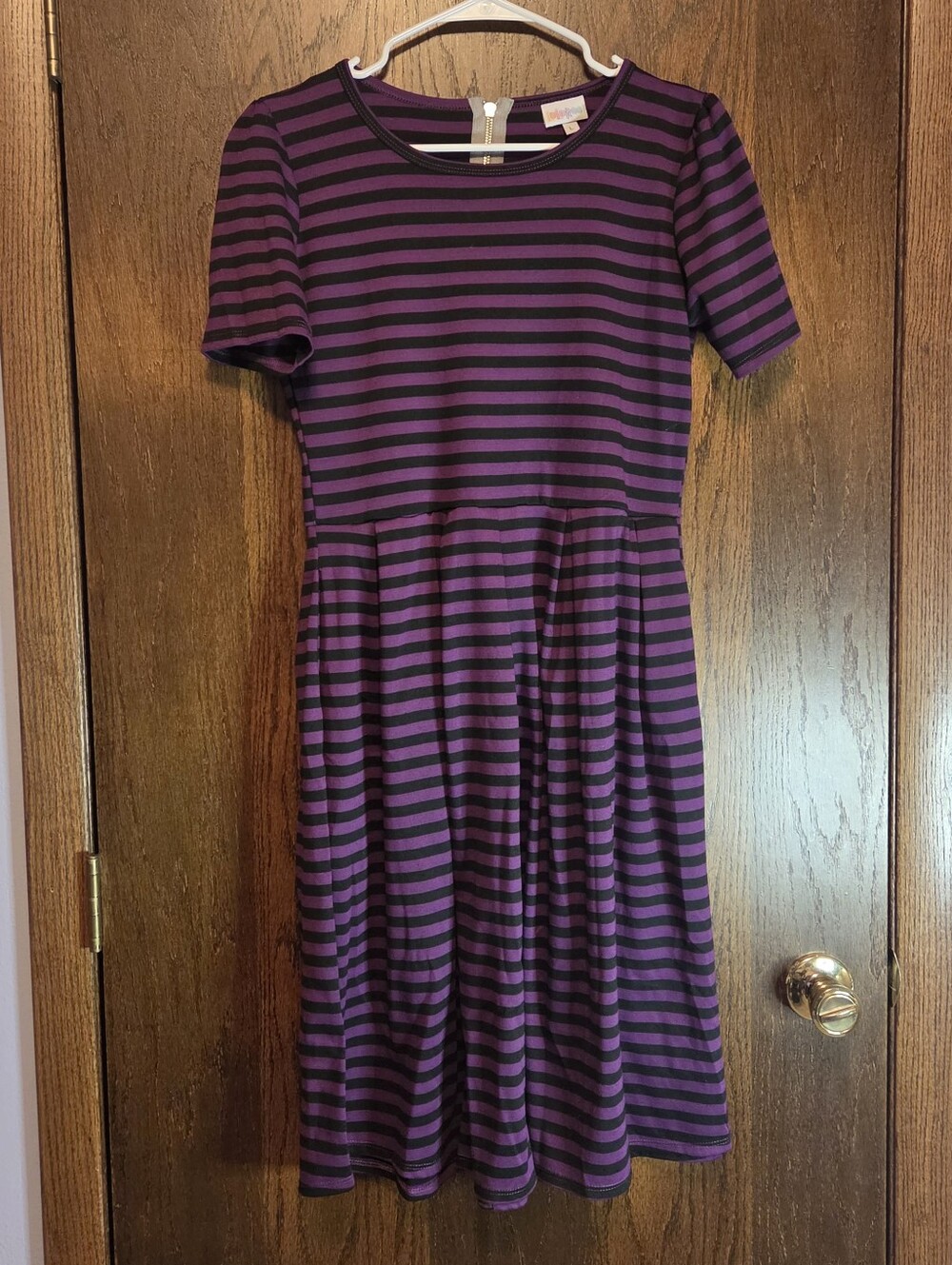 Lularoe Amelia Purple & Black Striped Short Sleeve Dress